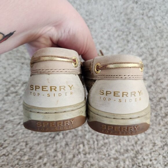 Sperry Tan Leather Gold Sequin Boat Shoes - Picture 5 of 10